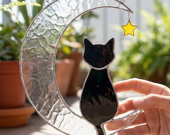 Personalized Black Cat on Moon Stained Glass Suncatcher Window Hanging, Handmade Pet Lover Gift