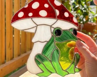 Personalized Frog with Mushroom Stained Glass Suncatcher, Custom Name Handmade Window Hanging Nursery Decor