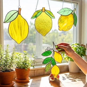 Personalized Lemon Stained Glass Suncatcher, Custom Handmade Fruit Sun Catcher, Mom Gift, Kitchen Decor