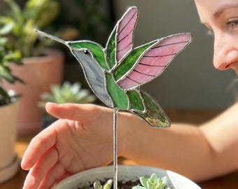 Personalized Hummingbird Stained Glass Plant Stake, Custom Garden Marker, Handmade Bird Lover Gift