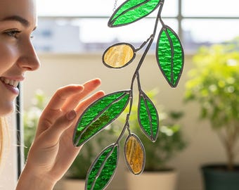 Personalized Olive Twig Stained Glass Suncatcher, Handmade Green Leaf Window Hanging
