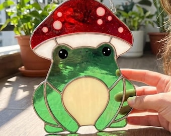 Personalized Mushroom Frog Stained Glass Suncatcher, Custom Name Handmade Window Hanging Nursery Decor
