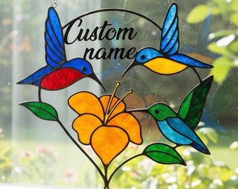 Personalized Hummingbird Heart Stained Glass Suncatcher, Custom Name Flower Window Hanging Decor, Handmade Christmas Housewarming Gift