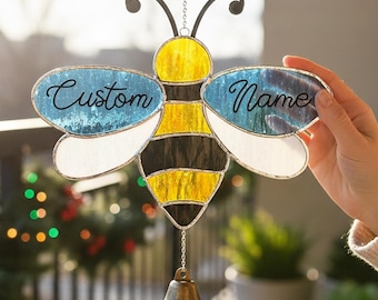 Personalized Bee Suncatcher Wind Chime, Stained Glass Window Hanging