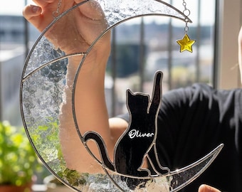 Personalized Stained Glass Cat on Moon Suncatcher, Moon and Star Window Decor