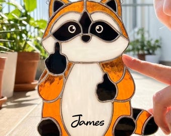 Atrapasueños de vitral con diseño de mapache personalizado, con nombre personalizado, hecho a mano, para ventana de bosque, decoración infantil