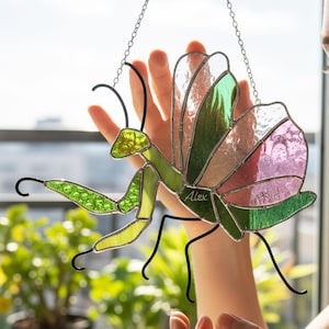 May include: Stained glass praying mantis suncatcher with green, pink, and clear glass panels. The insect has black wire legs and antennae, and the name "Alex" is inscribed on the body. It hangs from a silver chain.