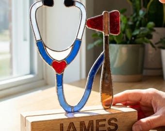 Placa de escritorio de vitral personalizada para médico, decoración de consultorio hecha a mano y personalizada