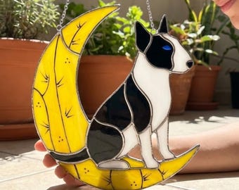 Personalized Bull Terrier Stained Glass Suncatcher, Custom Name Handmade Dog on the Moon Window Hanging