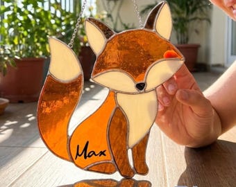 Gepersonaliseerde vos glas-in-lood suncatcher, aangepaste naam handgemaakte dierenraam hangend cadeau
