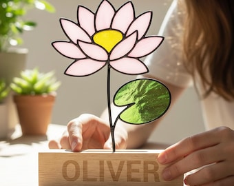 Personalized Stained Glass Water Lily Suncatcher with Wooden Base