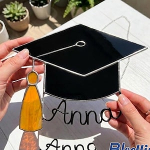 Personalized Graduation Cap Name Tassel Stained Glass Suncatcher, Custom Handmade Window Hanging Gift