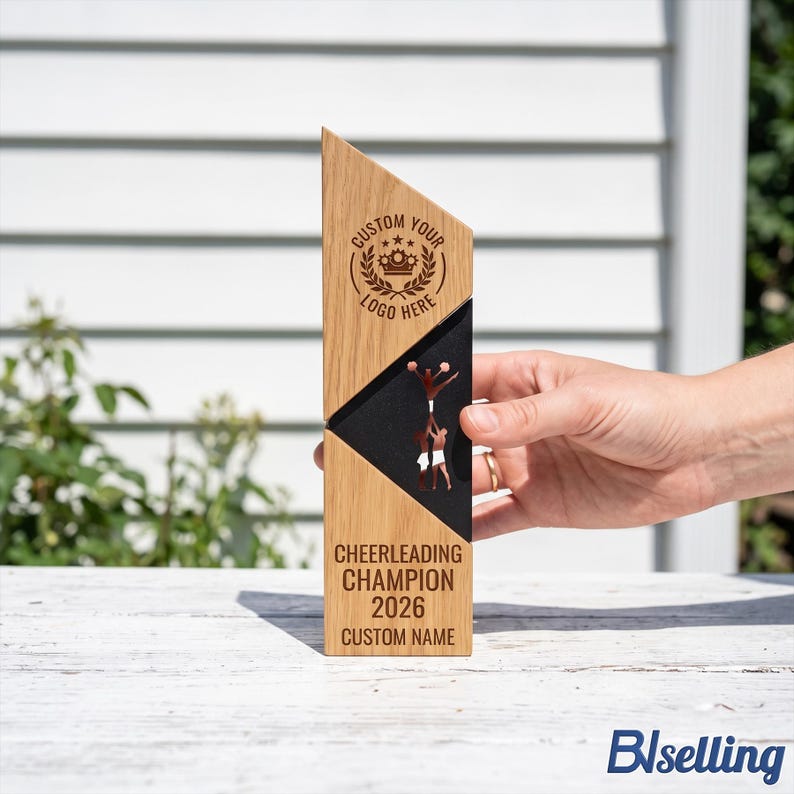 Personalized Cheerleading Trophy, Custom Metal Cheer Award With Oak ...