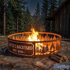 May include: A circular metal fire pit ring with a rust-coloured finish, featuring laser-cut pine tree silhouettes and a flame design. The text SMITH'S BACKYARD - EST. 2026 - is engraved on the front. A fire burns inside the ring.
