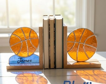Personalized Basketball Stained Glass Bookends, Custom Name Sports Shelf Decor, Gift for Players
