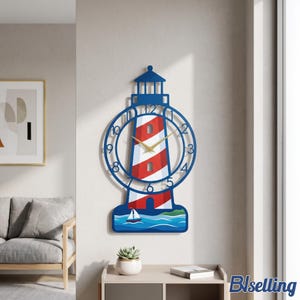 Lighthouse Metal Wall Clock, Nautical Coastal Seascape Art, Silent Beach Cottage Decor, Personalized Retirement Gift for Dad