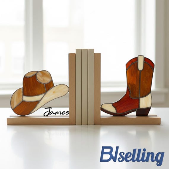 Personalized Cowboy Hat and Boot Stained Glass Bookends, Custom