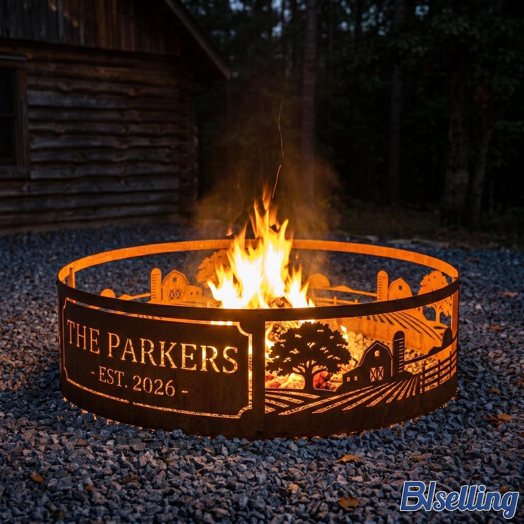 Farmhouse Fire Pit Ring, Personalized Rustic Metal Campfire Ring ...