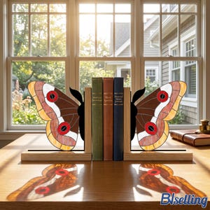 May include: A pair of bookends featuring stained glass moth wings in shades of brown, orange, and white with red circular accents. The wings are attached to black metal frames and light oak wood bases, holding three books titled American Entomology, Moth Species, and Historical Nature Journals.