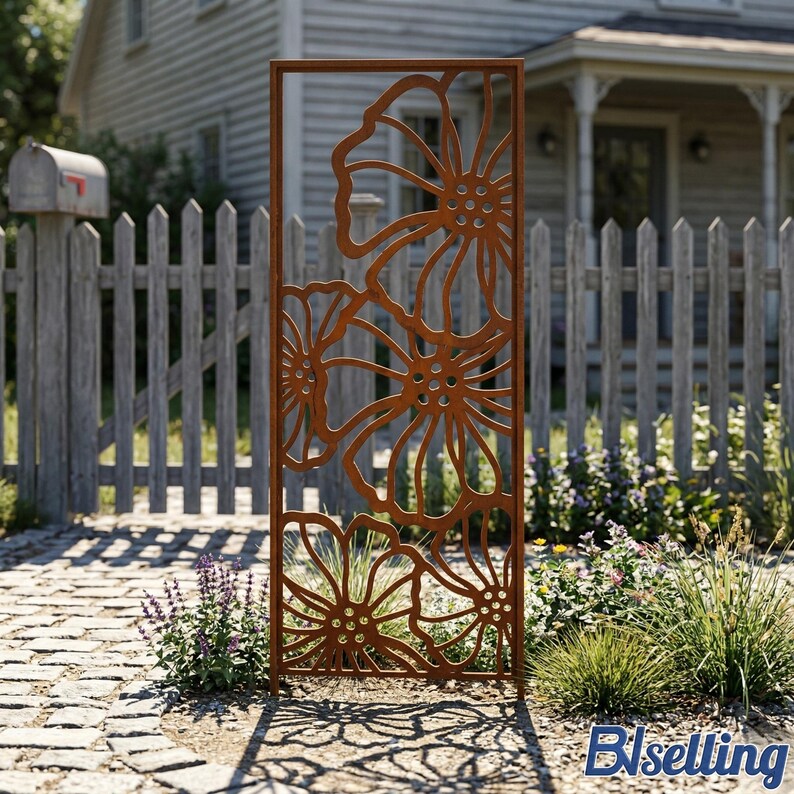 a metal fence with a decorative flower pattern on it, situated in front of a wooden fence and a house.