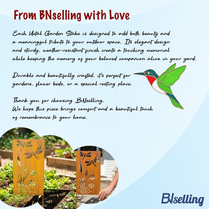 The image is a collage featuring a close-up of a wooden garden stake with a bird design, as well as a larger image of a person's hand holding a wooden garden stake with a bird design. The text on the image provides information about the garden stake, including its design and the message that it brings comfort and a beautiful touch to the home.