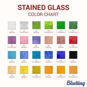 May include: A color chart for stained glass, featuring a grid of color swatches. The chart includes various colors like white, green, purple, pink, blue, yellow, and red. Each swatch is labeled with a letter and number combination, and indicates if it is opaque or transparent.