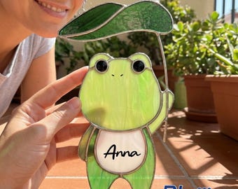 Personalized Frog Stained Glass Suncatcher, Custom Name Handmade Window Hanging Nursery Decor