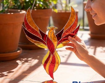 Atrapasueños de vitral de fénix personalizado, pájaro de fuego hecho a mano con nombre personalizado, regalo para colgar en la ventana