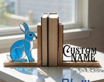 Personalized Rabbit Stained Glass Bookends, Custom Name Bunny Glass Library Holder, Handmade Shelf Gift