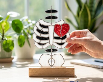 Stained Glass Skeleton Table Decor, Halloween Skull Art, Gothic Glass Gift