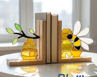 Personalized Honey Bee Stained Glass Bookends, Custom Beehive Bookshelf Decor, Handmade Beekeeper Gift