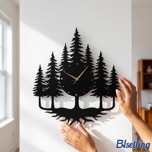 May include: A black wall clock featuring a silhouette of a pine forest with exposed roots at the base. The circular clock face is integrated into the center of the trees and includes thin gold-colored hour and minute hands.