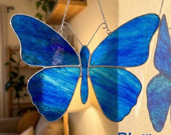 Personalized Morpho Butterfly Stained Glass Suncatcher, Custom Name Window Hanging, Handmade Nature Lover Gift