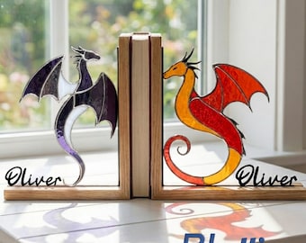 Dragon Stained Glass Bookends - Custom Name, Vibrant Colors