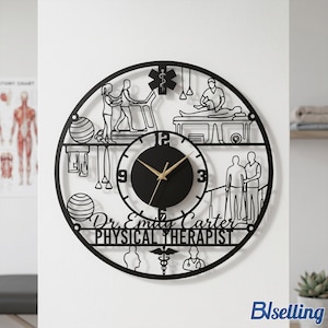 May include: A black circular wall clock featuring cut-out silhouettes of physical therapy activities, including exercise equipment and medical symbols. The center dial has gold hands and the text Dr. Emily Carter PHYSICAL THERAPIST.