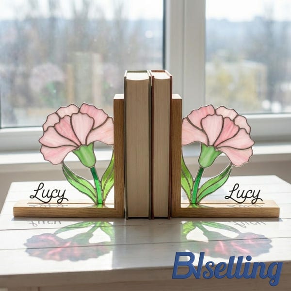 Carnation Stained Glass Bookends, Floral Design (Custom Name)