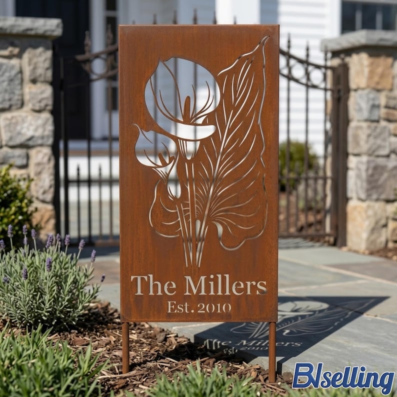 A wooden sign with a metal design featuring a flower and the text "The Millers Est. 2010" is displayed in a garden setting.