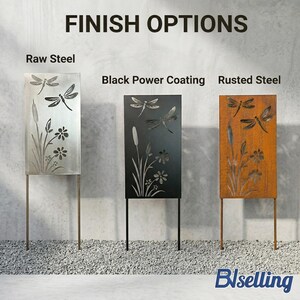 three different metal sculptures, each with a unique finish: raw steel, black power coating, and rusted steel.