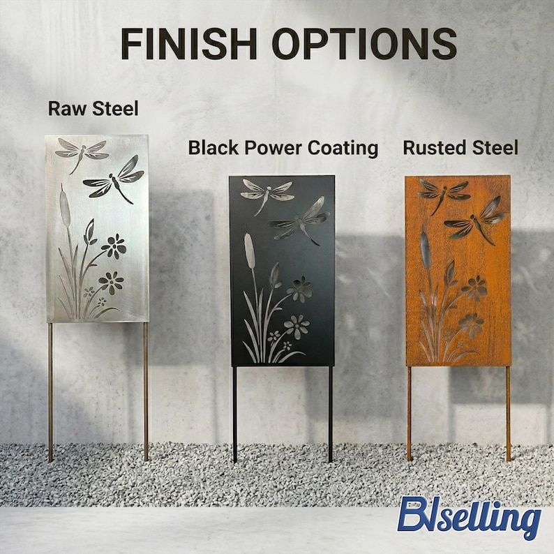 three different metal sculptures, each with a unique finish: raw steel, black power coating, and rusted steel.