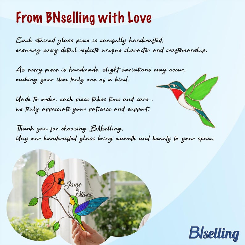 May include: Handcrafted stained glass art featuring a red cardinal and a hummingbird with green, blue, and purple wings. The text "Jame & Oliver" is visible. The image includes the text "From BNselling with Love".