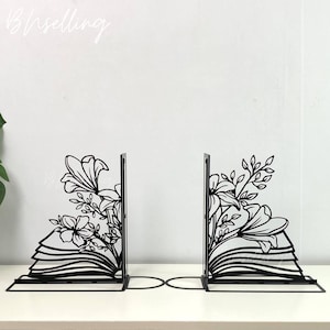 Floral Book Bookends, Custom Metal Book Ends, Personalized Bookshelf Decor, Gift for Book Lovers, Home Library and Reading Nook Decor