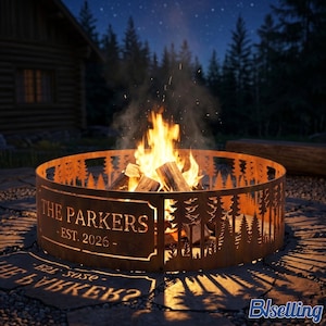 Könnte beinhalten: Ein runder, rostiger Metall-Feuerkorb mit einem Wald-Silhouette-Design. Der Text "THE PARKERS - EST. 2026" ist aus dem Metall ausgeschnitten. Der Feuerkorb ist mit brennendem Holz gefüllt, und die Flammen sind sichtbar.