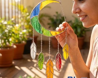 Personalisierter Halbmond Glasmalerei Suncatcher, Benutzerdefinierter Name Handgemachtes Verträumtes Fenster Hängendes Geschenk