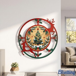 May include: A circular wall clock featuring a central gold-toned dial with a Christmas tree illustration, surrounded by a red and green frame decorated with holly leaves, berries, and two red reindeer silhouettes on the outer ring.