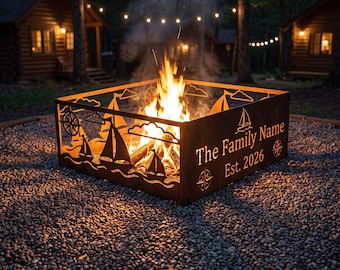 Sailboat Fire Pit Ring Personalized, Nautical Gift for Sailor, Custom Metal Campfire Decor, Lake House Backyard Coastal Marine Sign