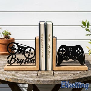 Sujetalibros metálicos para gamers, diseño de mando de videojuegos (nombre personalizado, base de madera)