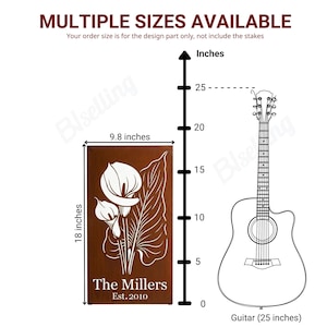 a wooden sign with a flower design, and a guitar is shown next to it. The sign is labeled with the text "The Millers" and "Est. 2010". The guitar is labeled with the text "Guitar (25 inches)" and "0". The image is described as a collage of multiple images, and the text is provided in a clear and concise manner without redundancy.