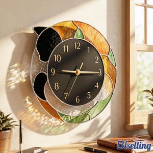 May include: A round wall clock featuring a central black face with gold numerals and hands. The frame is constructed from stained glass pieces in shades of black, amber, and green, arranged to form a stylized cat silhouette around the clock face.