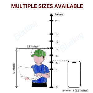 May include: Illustration showing a child with a laptop, wearing a green cap, and a measurement scale. The image is 10 inches tall and 6.8 inches wide. An iPhone 17 is shown, measuring 6.3 inches. Text at the top reads "MULTIPLE SIZES AVAILABLE."