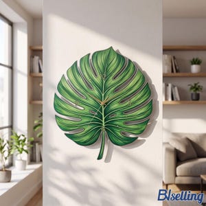 May include: A wall clock shaped like a large green monstera leaf with detailed veining. The clock face features thin gold hands and gold numerals at the 12, 3, 6, and 9 o'clock positions, with small gold dots marking the remaining hours.